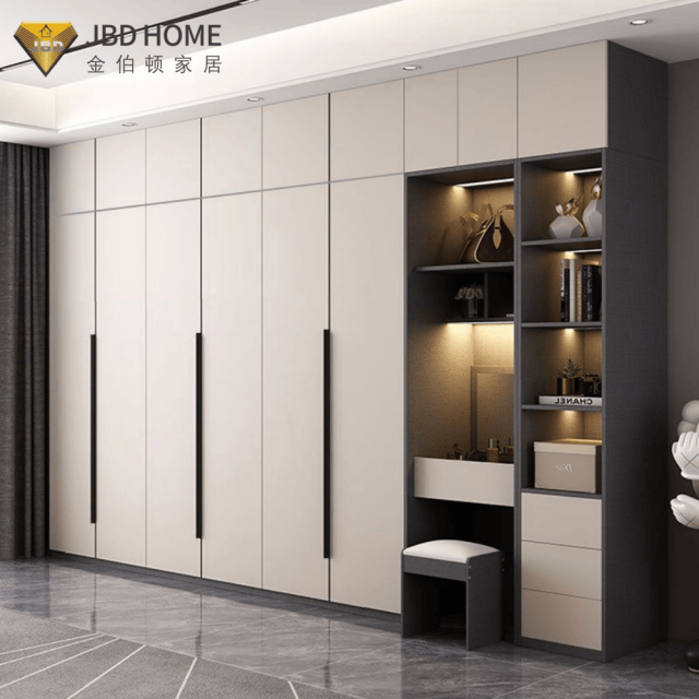 Custom Built-In Wooden Wardrobe with Hinged Doors And Storage Shelves