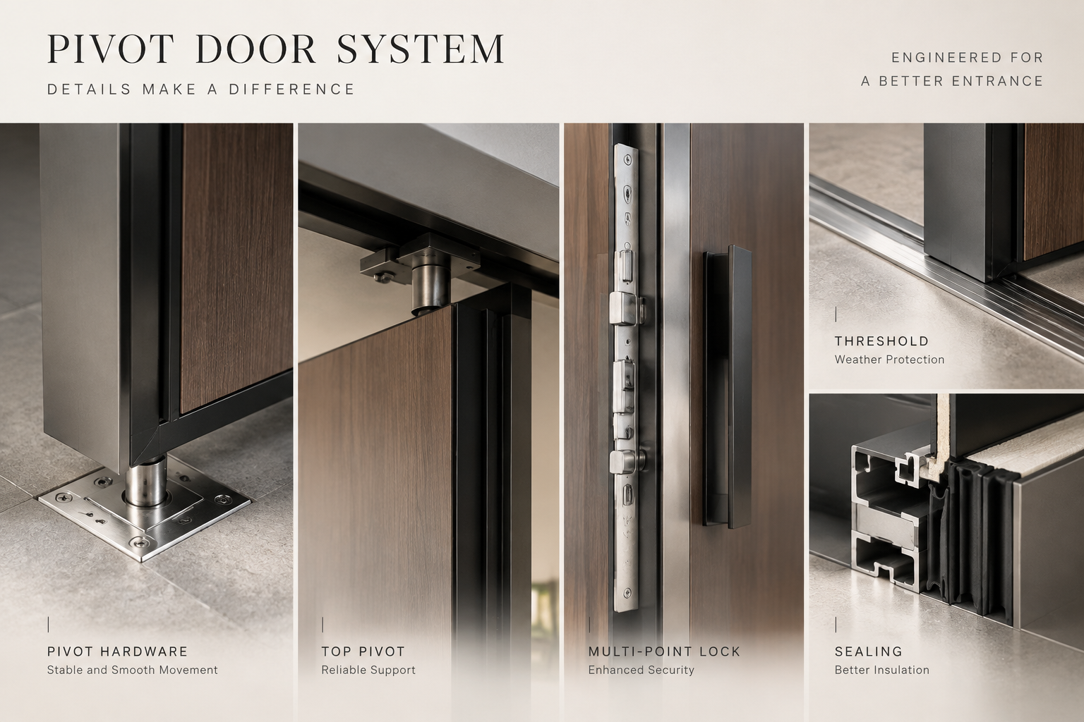 Pivot door hardware locking threshold and sealing system details