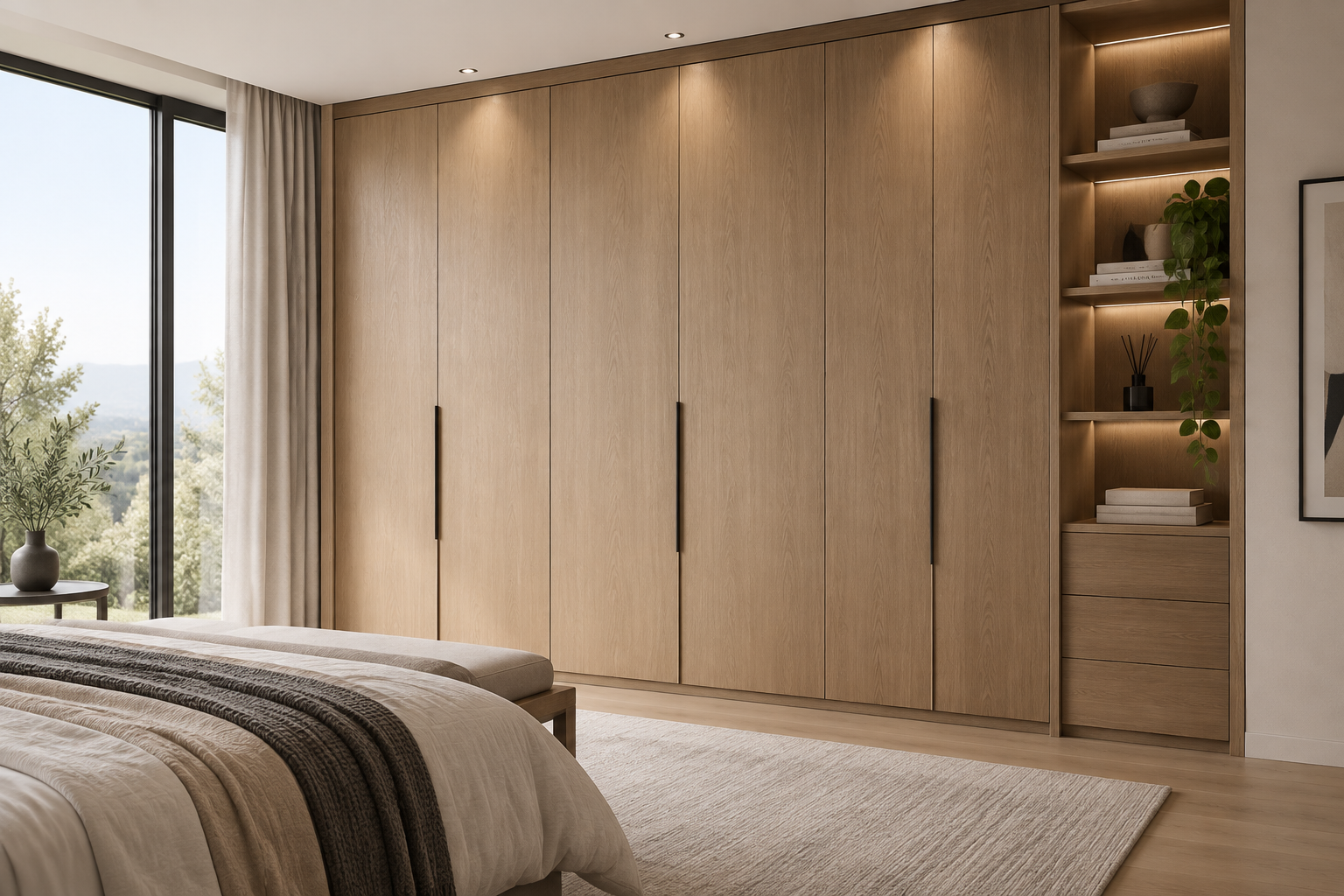 Modern wooden wardrobe in a minimalist European style bedroom