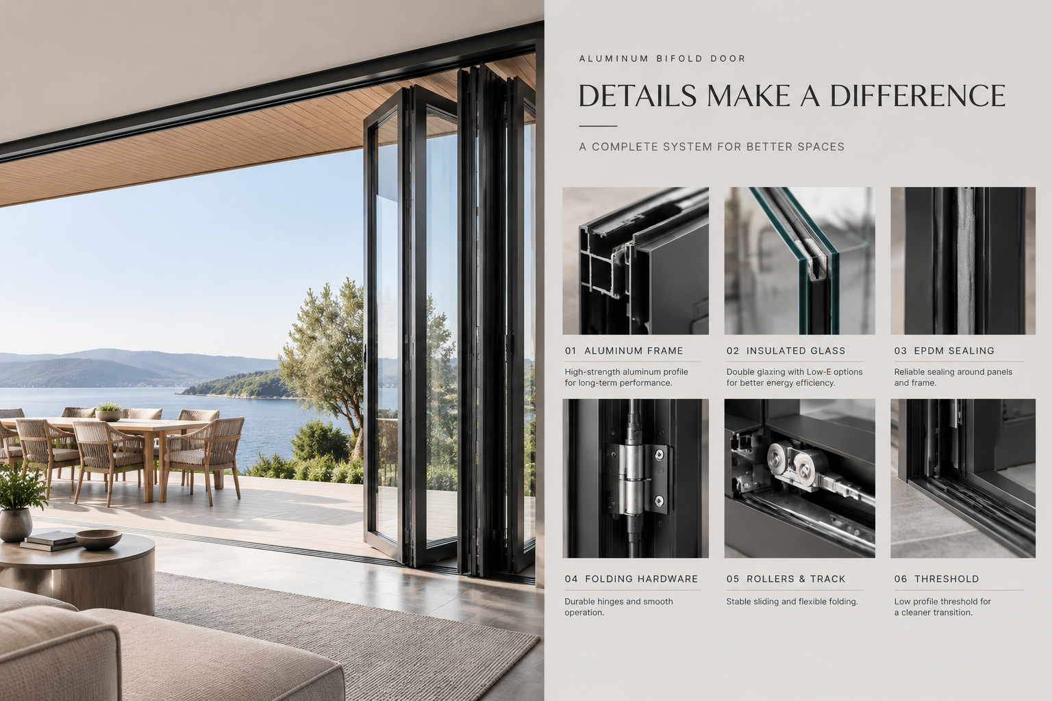 Aluminum Bifold Door Hardware Glass Seal Track and Frame Details