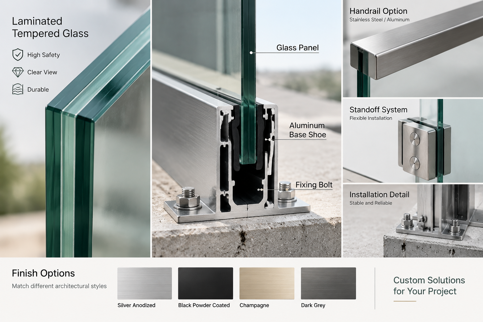 Glass railing base shoe mounting hardware and laminated glass details