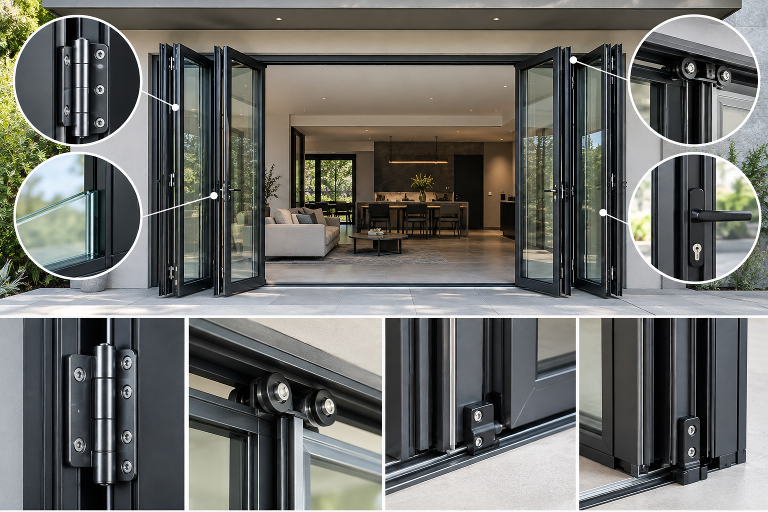 Aluminum Bifold Door Hinge Roller Track and Lock Details