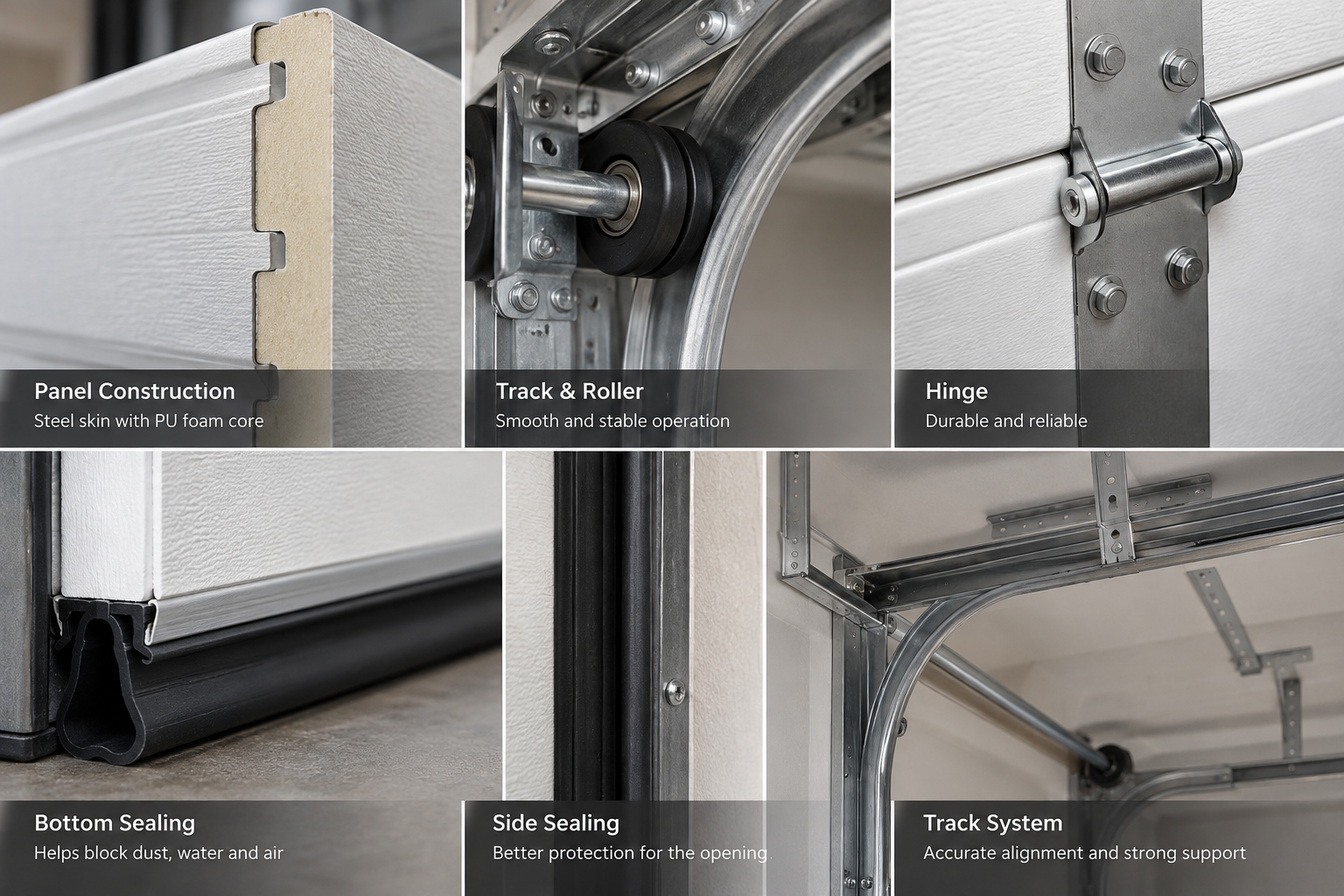 Sectional garage door panel track roller hinge and sealing system details