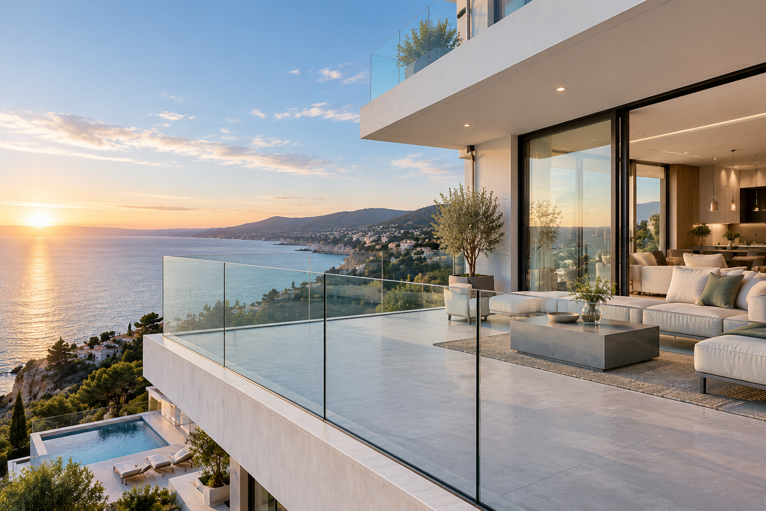 Modern glass railing system for balcony terrace and building projects