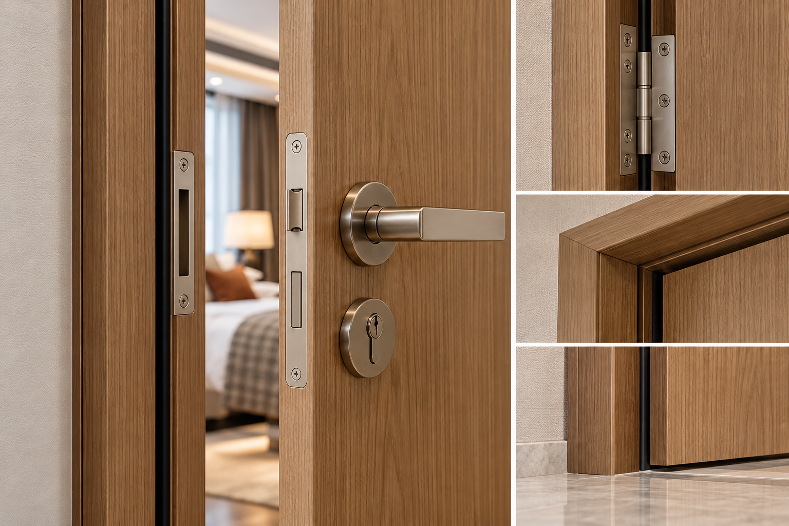 Close-up of a wooden interior door with frame hinges and modern door hardware