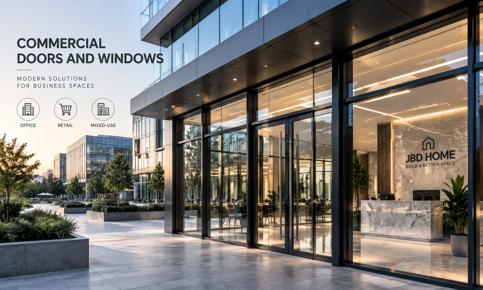 Commercial aluminum doors and windows for office retail and mixed use building projects