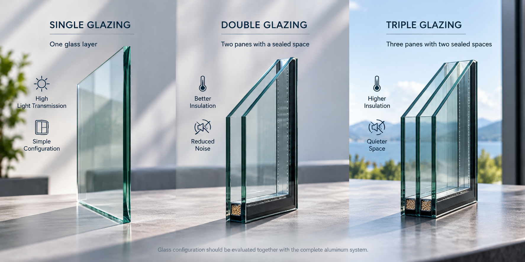 Double and triple insulated glass configuration for aluminum windows and doors