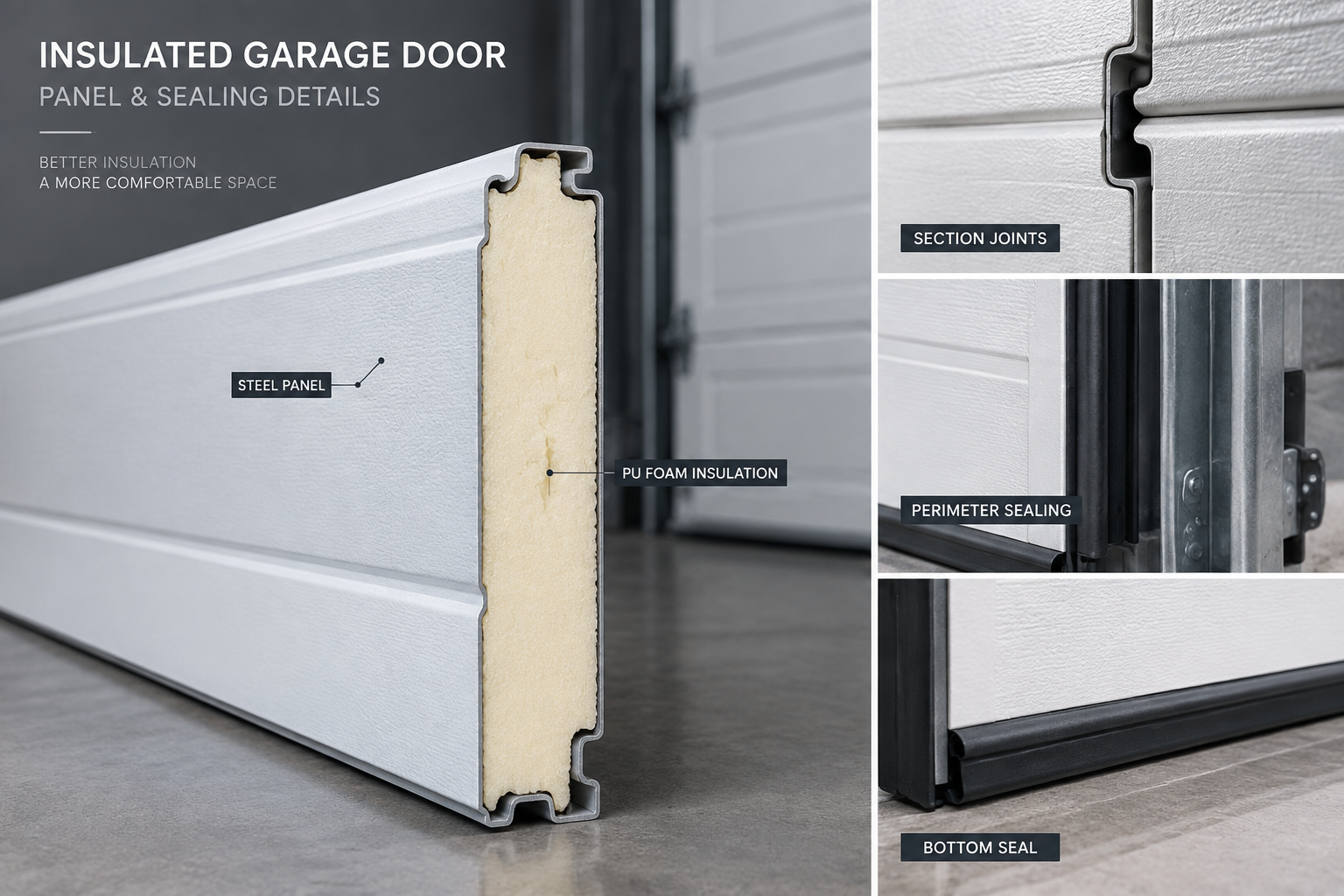 Insulated garage door panel PU foam section joints and perimeter sealing details