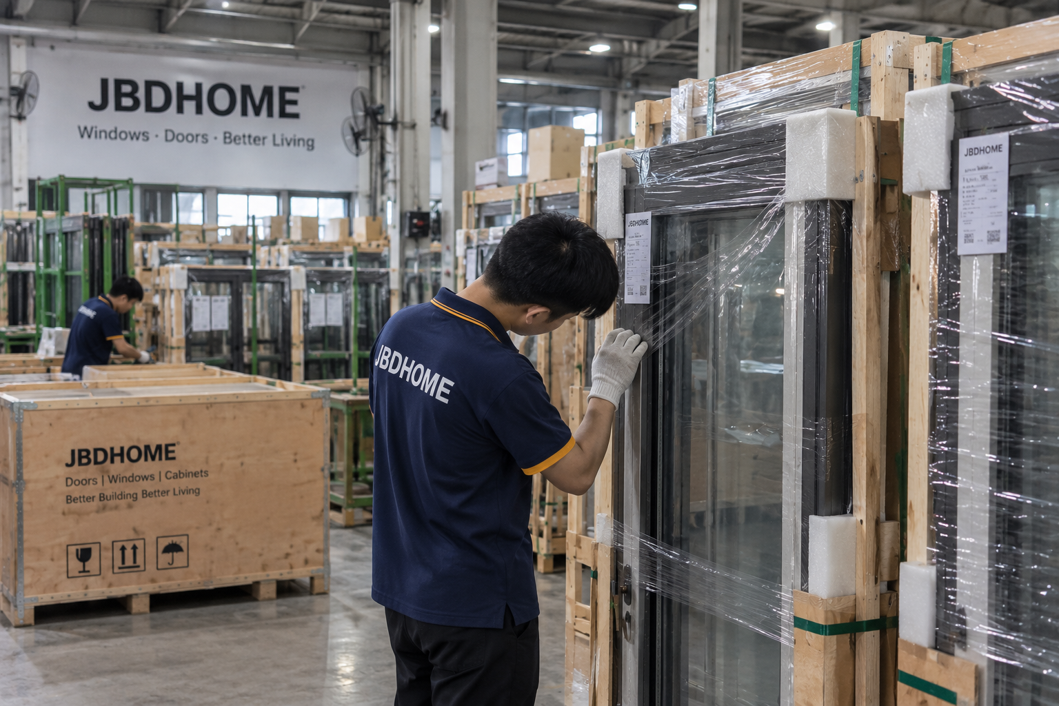 Factory worker inspecting finished building products before export packaging
