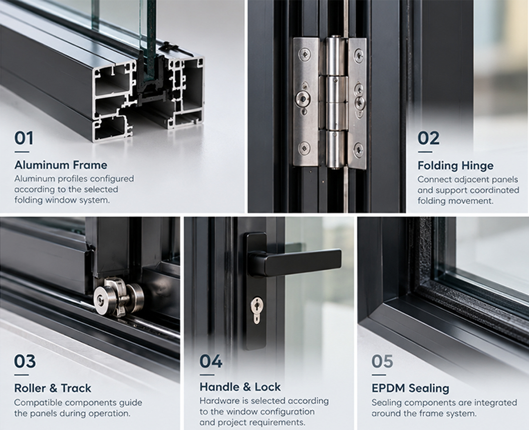 Aluminum Folding Window Frame Hinge Roller Track and Hardware Details