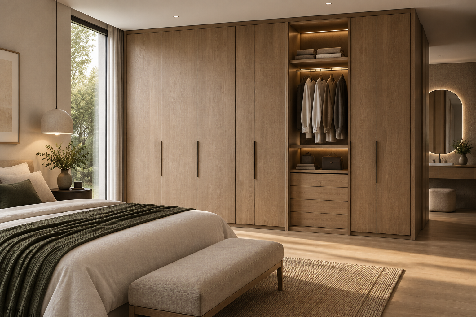 High quality custom wooden wardrobe in a modern European style bedroom
