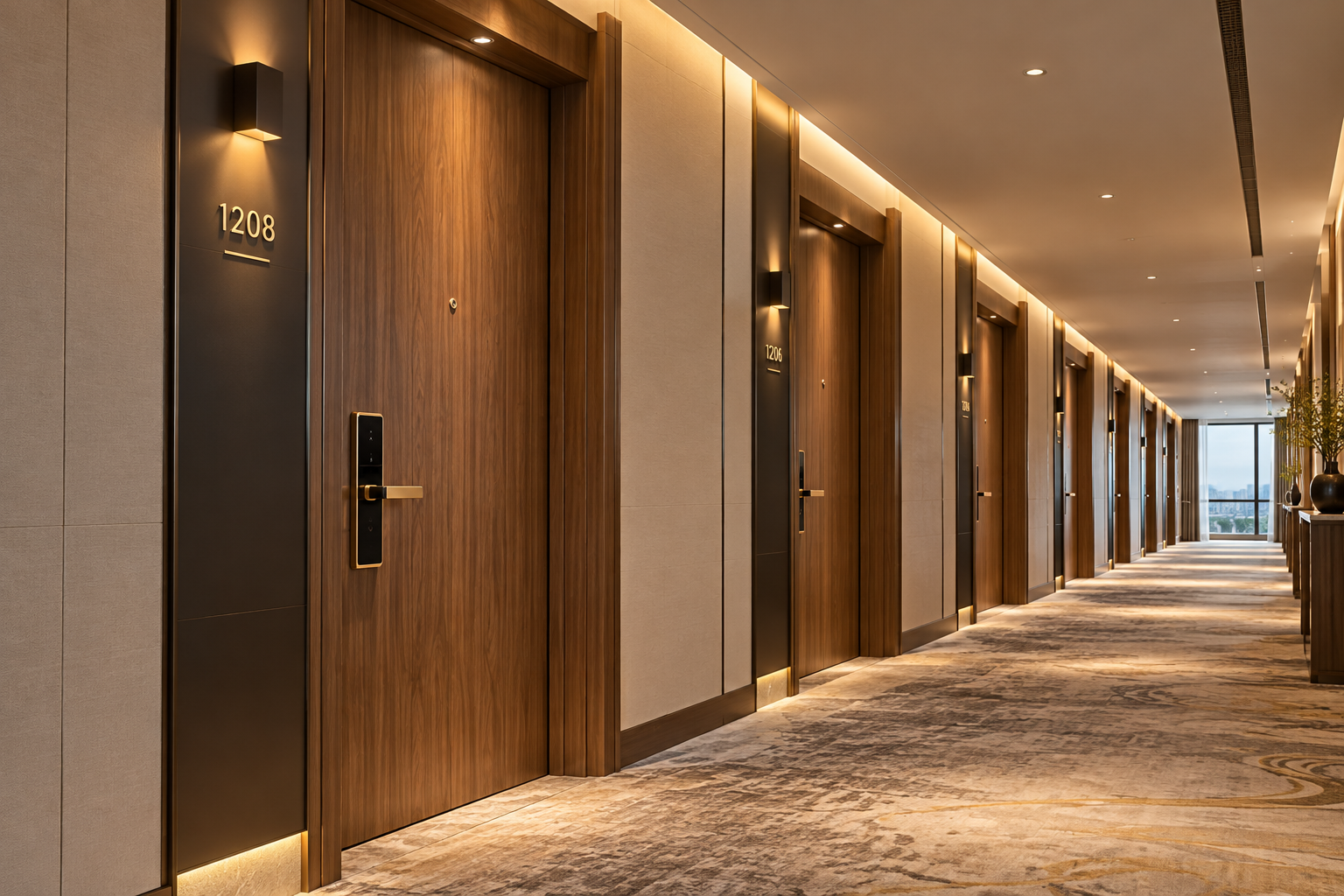 Modern hotel corridor featuring wooden guestroom doors with coordinated frames and hardware