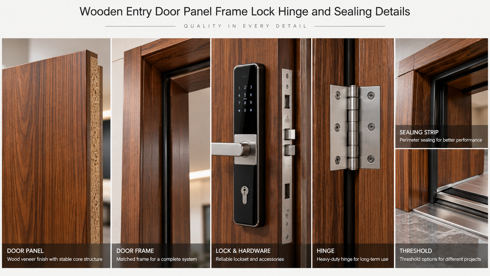 Wooden Entry Door Panel Frame Lock Hinge and Hardware Details