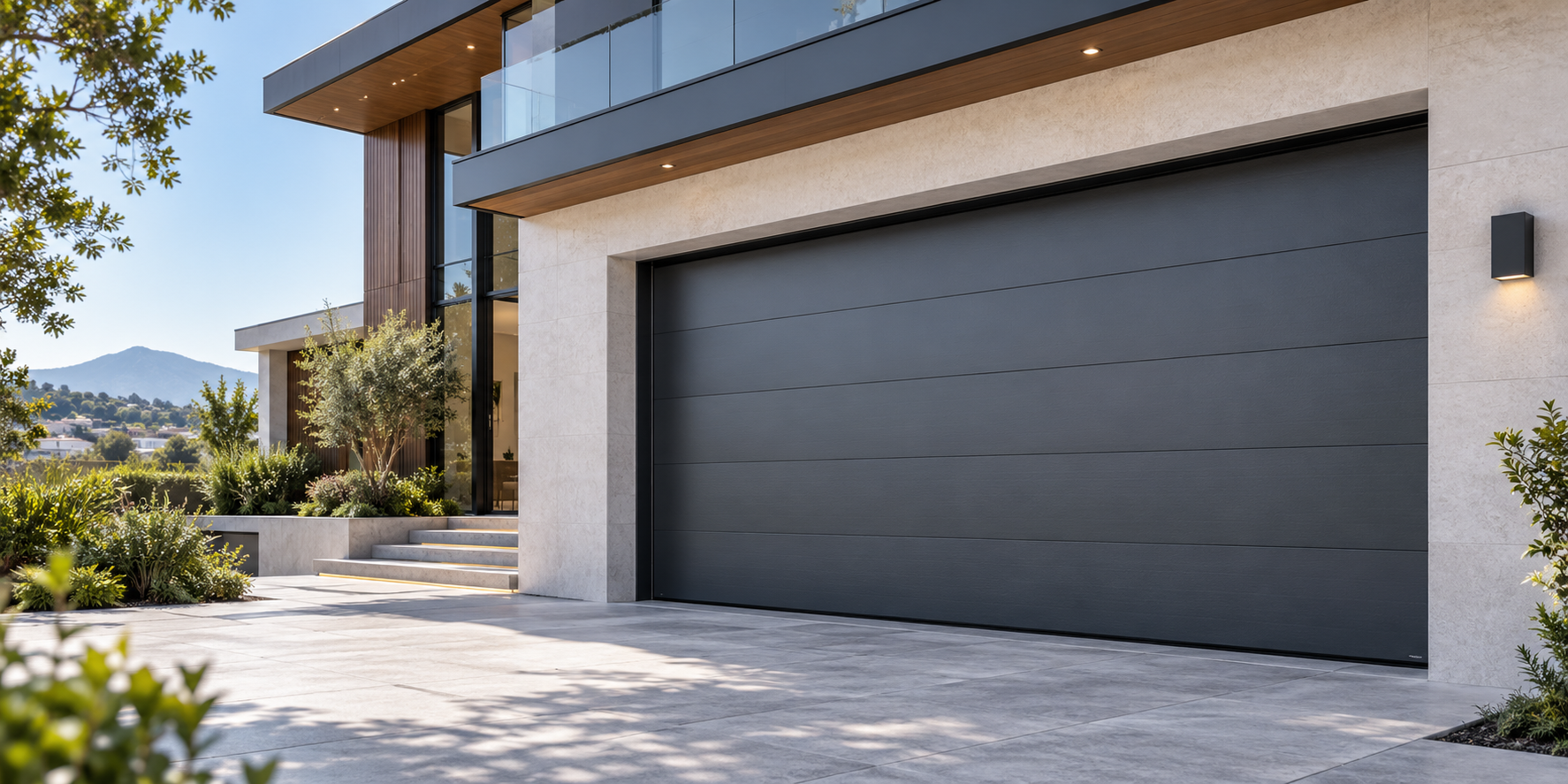 High quality sectional garage door installed on a modern residential building