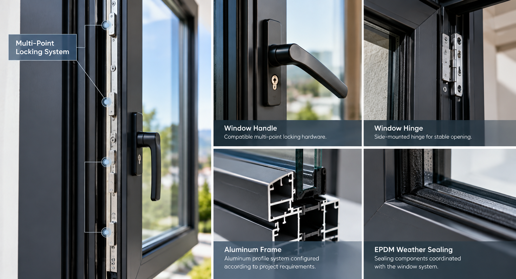 Aluminum Casement Window Multi Point Lock Hardware Frame and Sealing Details