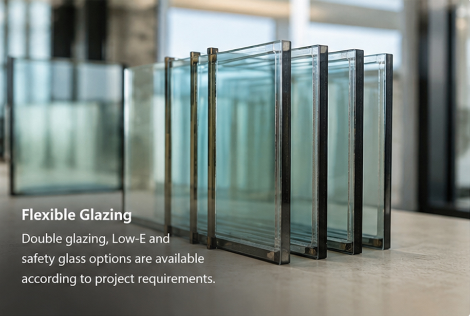 Supports double, Low-E, and safety glass options.