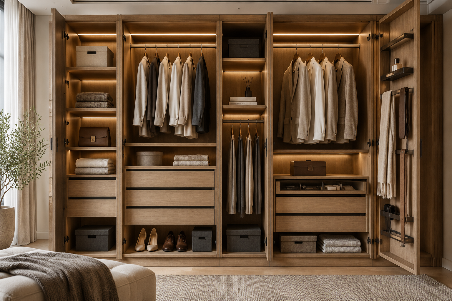 Custom wooden wardrobe interior with shelves drawers hanging rails and wardrobe hardware