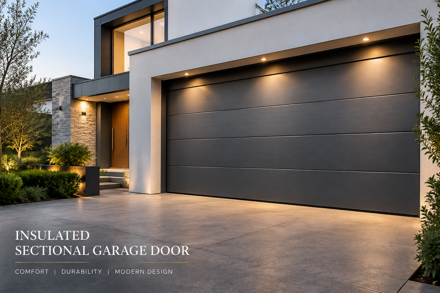 Insulated sectional garage door with polyurethane foam panels for residential building projects