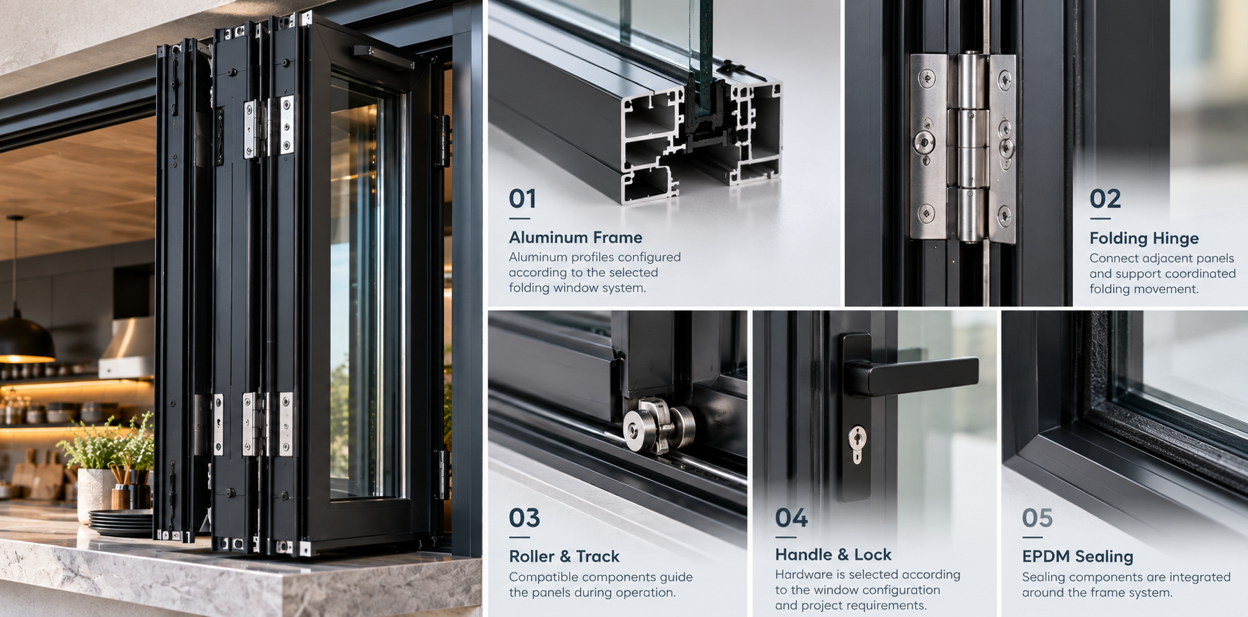 Aluminum Bi Fold Window Hardware Frame Glass Details