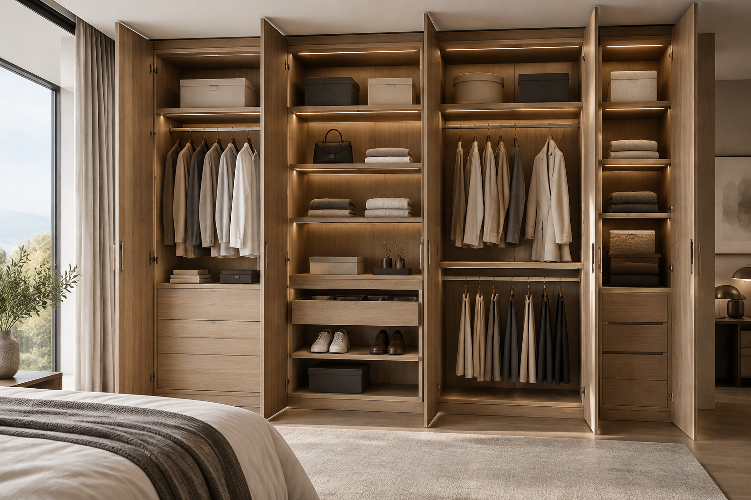 Modern wooden wardrobe with hanging areas shelves drawers and custom storage